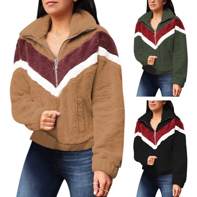 

Women Sweater Color Matching High Collar Long Sleeve Zipper Casual Warm Winter Autumn Loose Tops