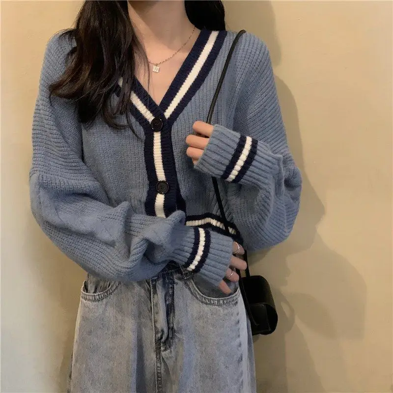 

Autumn Women Cardigan Striped V-Neck Sweater Outwear Street Single Breasted Top Leisure Chic Korean Style Cardigan Sweater