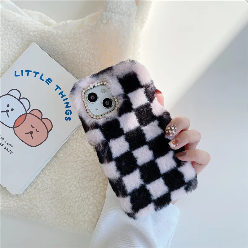 

Fashion Lattice Plush Soft Phone Case for iPhone 13 12 11 Pro Max XS Max XR X SE Furry fluffy Warm Cover for iPhone 6 7 8 Plus