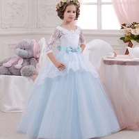 sky blue flower girl dresses for weddings ball gown half sleeves tulle lace bow long first communion dresses little girl