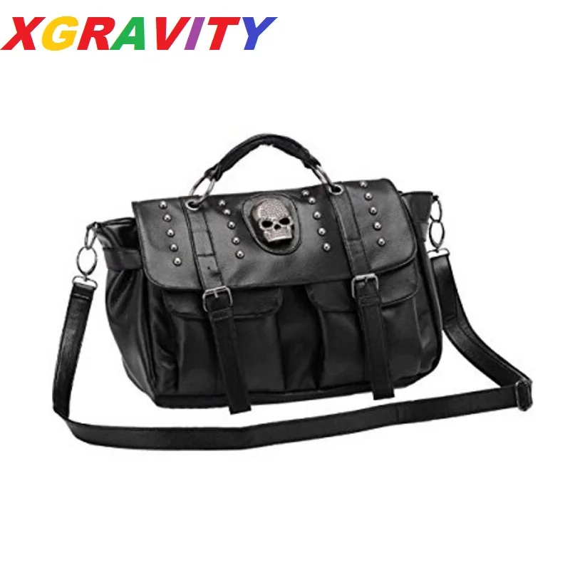 Hot Black Color Unique Design Fashion Casual OL Office Bag All-match Big Women's Cool Handbag Fashion Punk Skull Rivet Bags H080