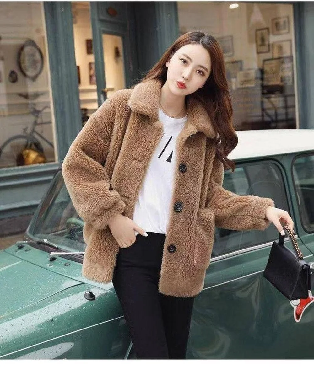 

Khaki White Yellow Red Color Single Breasted Pocket Female Jacket Faux Lambswool Furry Women Coat warm winter new fashion