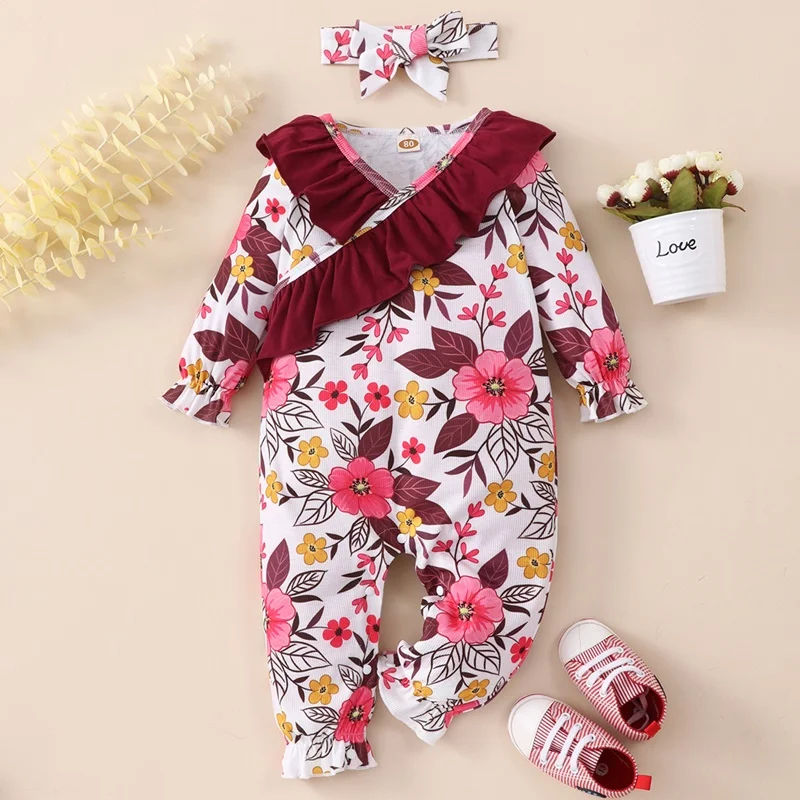 

Newborn Baby Clothes Girl Cotton Flower Print Ruffles Long Sleeve V-neck Baby Rompers+headband 2pcs Cute Baby Girl Rompers 0-18M