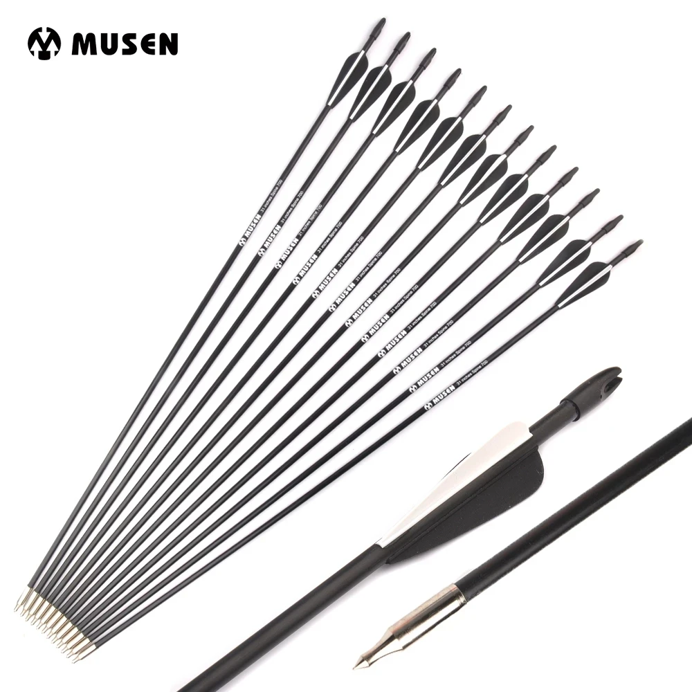 

31.5 Inch Fiberglass Arrow Diameter 7mm Spine 700 with 2 Black 1 White Feather for Recurve Bow Archery Hunting Shooting