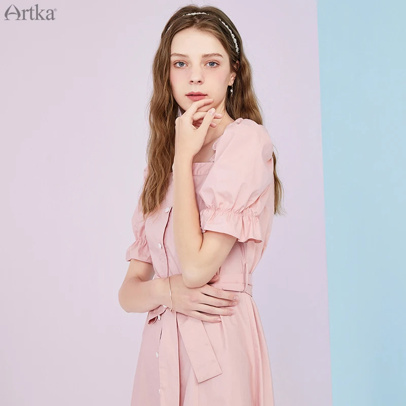 Женское винтажное платье с поясом ARTKA длинное из чистого хлопка квадратным