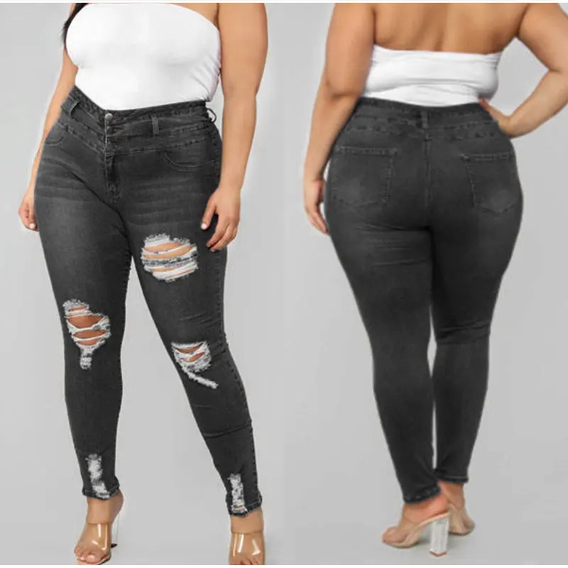 Большие размеры на пуговицах светло голубые рваные обтягивающие длинные джинсы