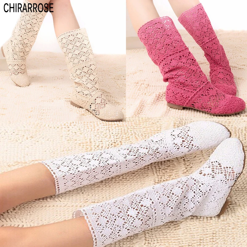

Новинка от CHIRARROSE, модные женские вязаные длинные сапоги на плоской подошве, крутые сапоги, сетчатая дышащая обувь, сапоги
