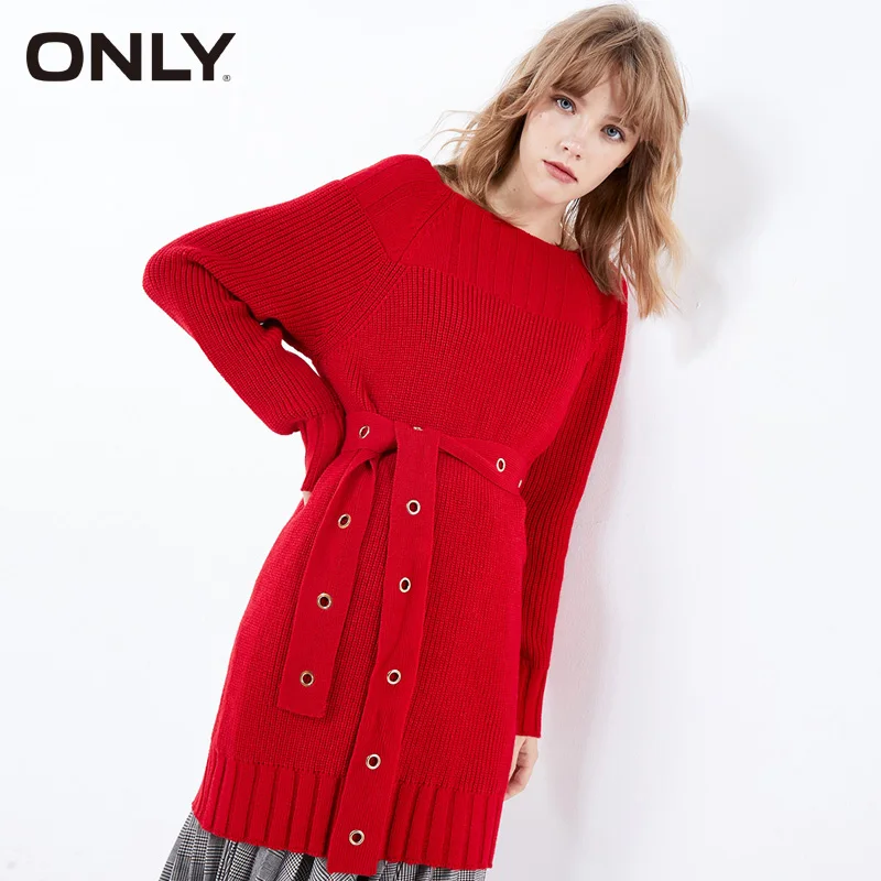 Зимнее свободное трикотажное платье с длинными рукавами и поясом | 119346523|Женские