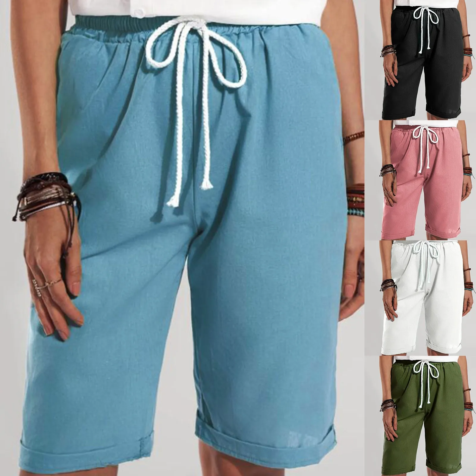 

Drawstring High Waist Knee Length Pants For Women Loose Comfortable Pockets Trousers Casual Solid Color Elastic Waist Pants #4