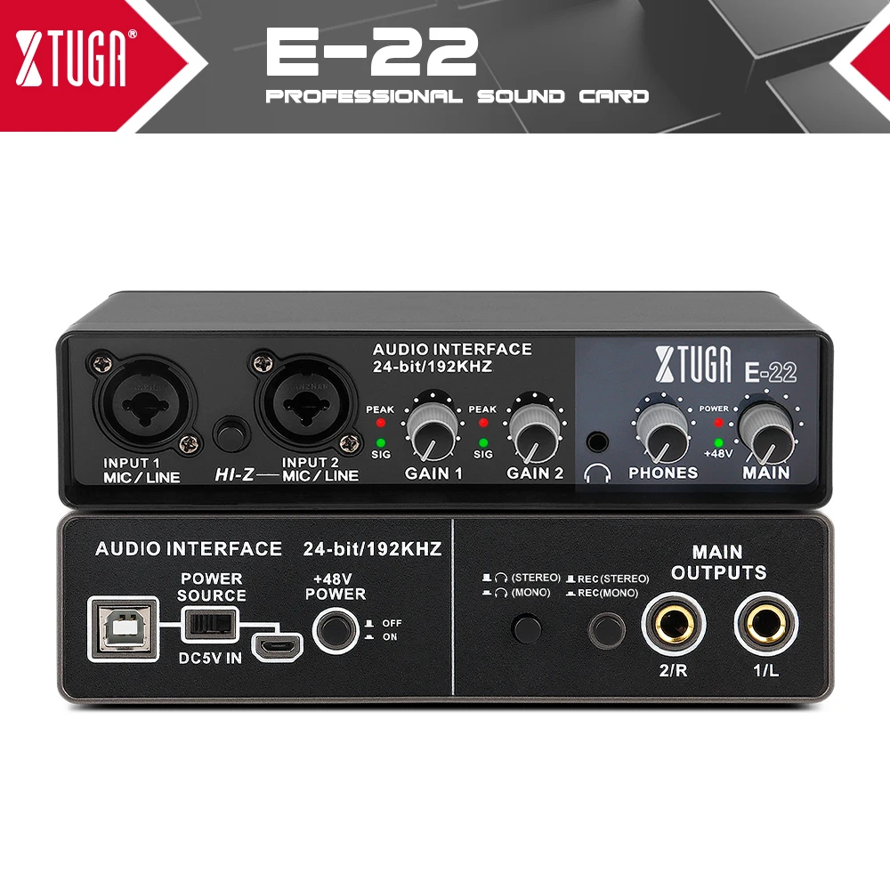 xtuga e22 audio interface soundkarte mit überwachung elektrische gitarre live aufnahme professional sound karte für studio singen free glo