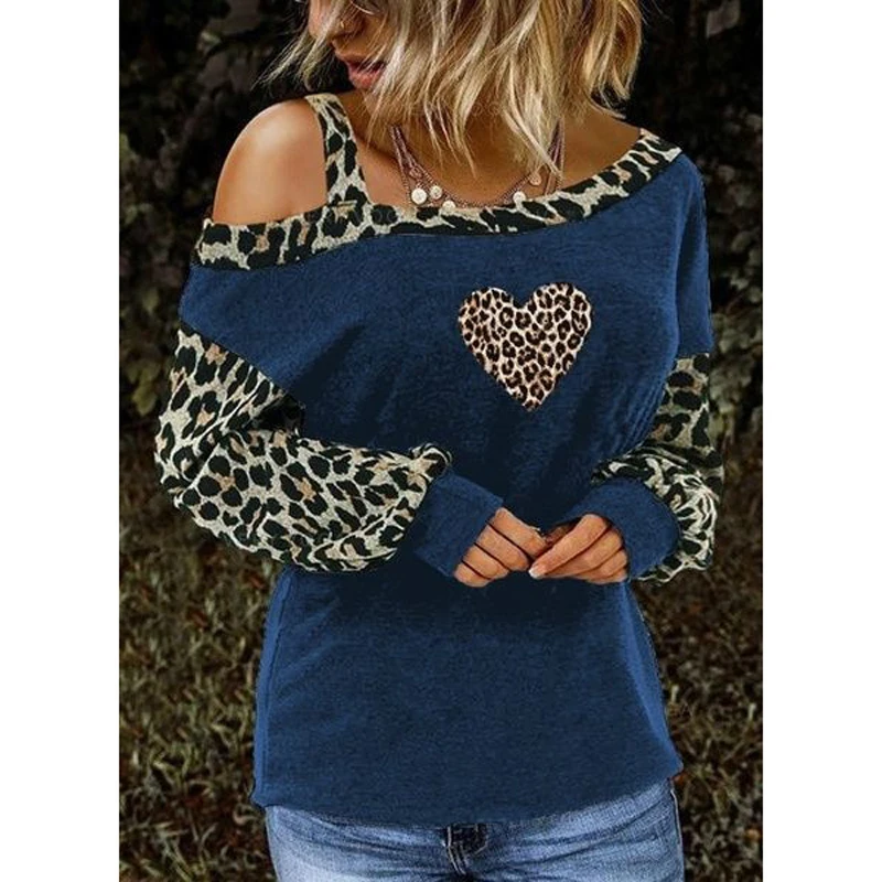 

2021 Fashion Printed Women Off-Shoulder Leopard Stitching T-Shirt Long Sleeve Tops Casual Skew Collar Leopard Loose Top