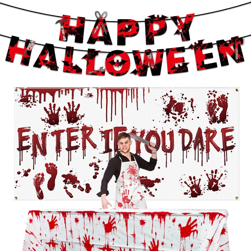 

Halloween Hanging Garland Bloody Horror Fake Arm Hand Knife Paper Banners Halloween Horror Props Party Decorations Supplies
