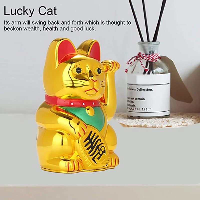 

Lucky Cat Waving Arm Ornaments Classic Chinese Maneki Neko Electric Gold Waving Cat Battery Operated Home Office Decoration