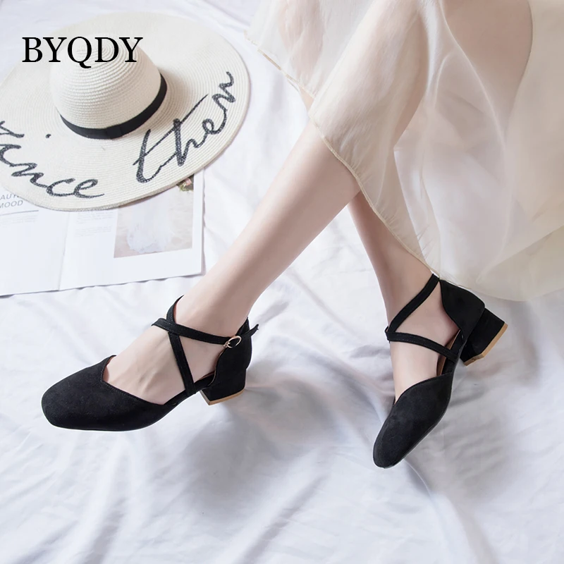 

BYQDY Cross-tied Woman Pumps Thick Med Heeled Round Toe Women Spring Shoes Black Pink Beige Fashion Flock Nurse Worker Footwear