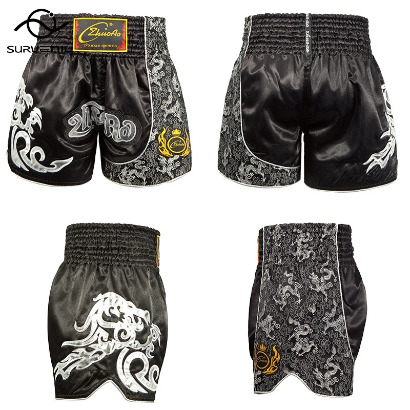 

Muay Thai Shorts Black Silver Embroidery Kickboxing Shorts Men Women Kids Sanda Fighting Combat MMA Boxing Training Shorts 4XL