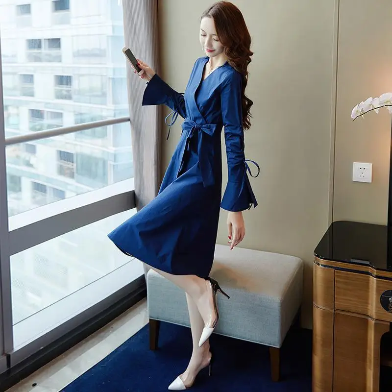 

Women's Spring Summer Style Dress Women's Elegant Bow V-neck Solid Ruffles Korean Temperament Dress SS1929