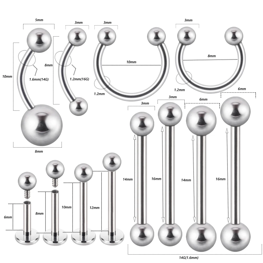 

12PC Stainless Steel Long Industrial Barbell Nose Rings Lip Eyebrow Tongue Belly Barbell Rings CBR Piercings Body Women Jewelry
