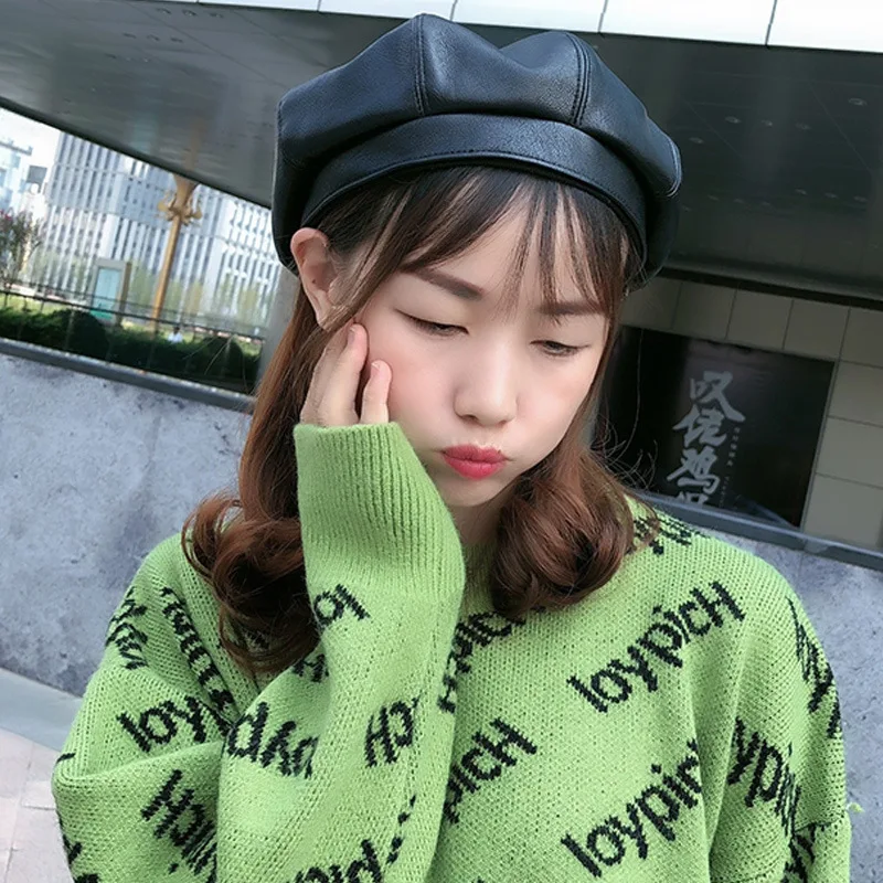 

New PU Leather Beret Hat for Women Spring Autumn Lady Fashion Solid Vintage Berets Gilr Outdoor Travel Octagonal Hat Painter Hat