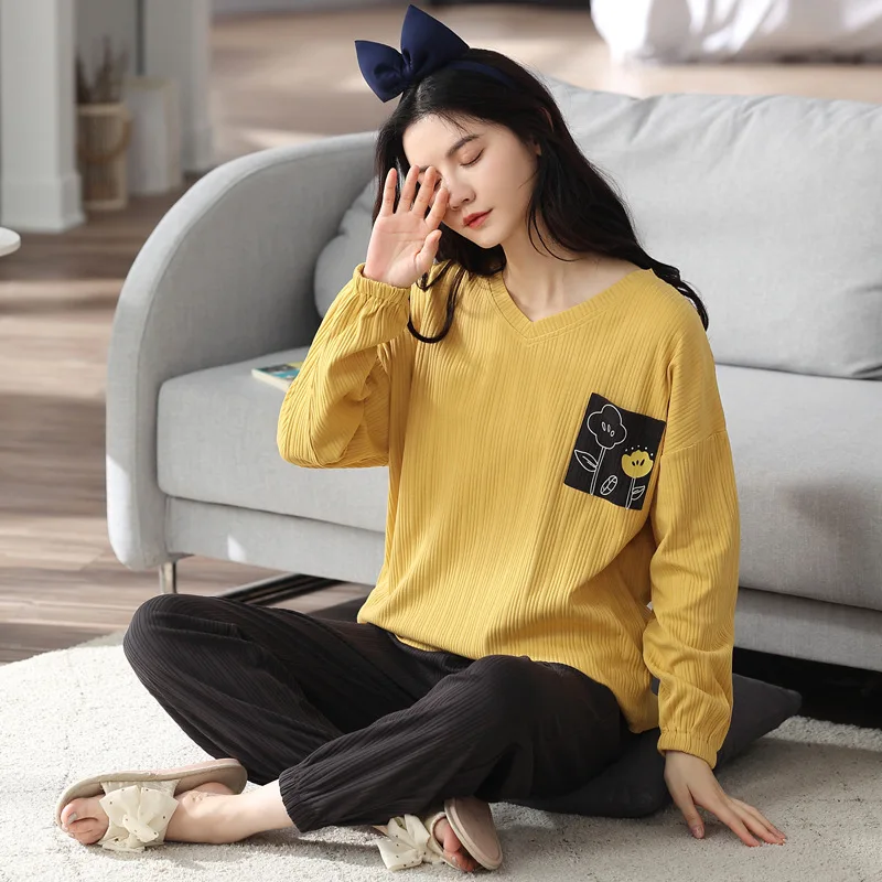 2021 Autumn and Winter Women's Pajamas Long-sleeved Two-piece Loose Casual Home Wear Pijamas Women Pajama Set Women Sleepwear