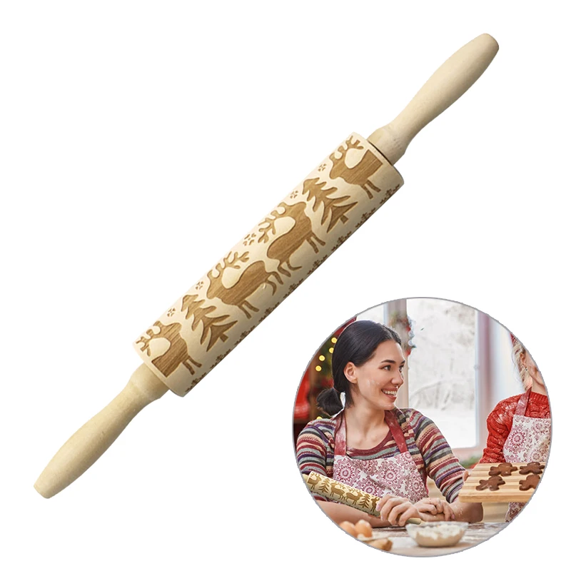 Christmas Rolling Pins Rock Snowflake Elk Wooden Rolling Embossing Baking Cookies Biscuit Fondant Cake Patterned Roller 35*5cm