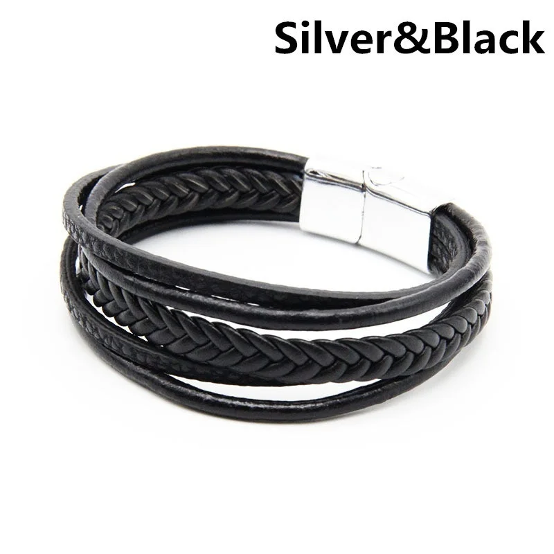 silver black Мужской кожаный браслет кожаные браслеты для Бена Магнитная застежка Воловья Кожа плетеная многослойная обёртка браслет мужской pulseras para hombre - Окраска металла: silver black