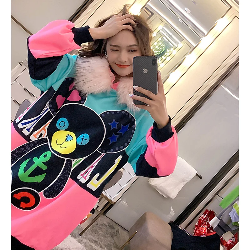 Зимние Модные бархатные длинные платья с мультяшным принтом теплые женские