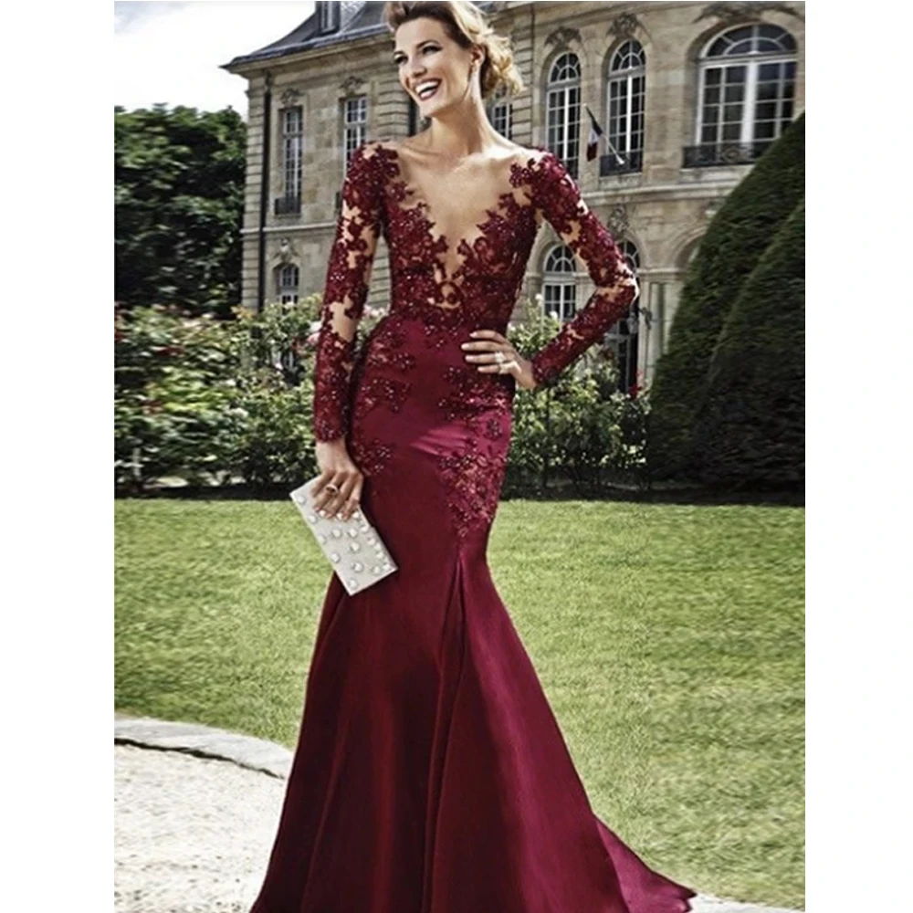 

Burgundy Burgundy Mermaid Prom Dresses Sheath V-Neck Appliques Floor-length Evening Dress Sweep Train Full Sleeves Party Gowns