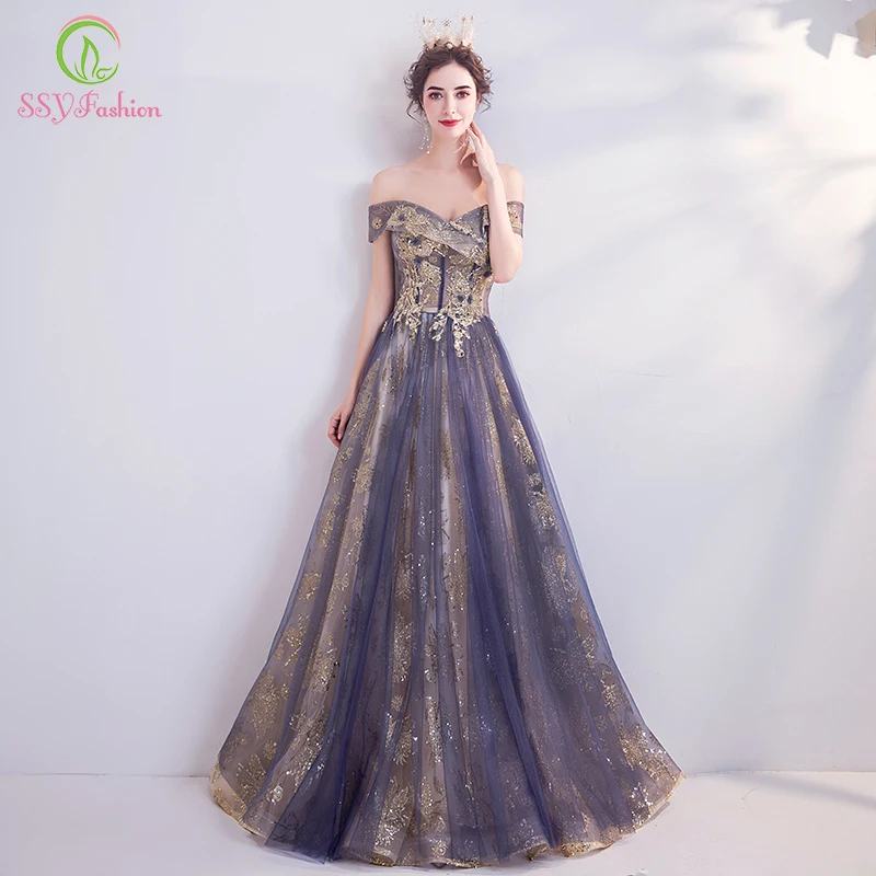 Женское вечернее платье до пола SSYFashion элегантное фиолетовое банкетное с вырезом