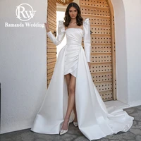 2022 ramanda simple long sleeves satin wedding dress with detachable train elegant a line pleat backless with button bridal gown