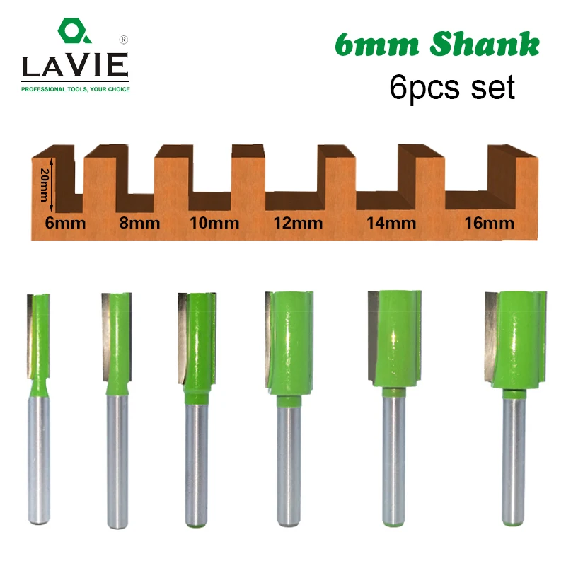 LAVIE 6pcs 6mm Shank Single Double Flute Straight Bit Milling Cutter for Wood Tungsten Carbide Router Bit Woodwork Tool MC06023