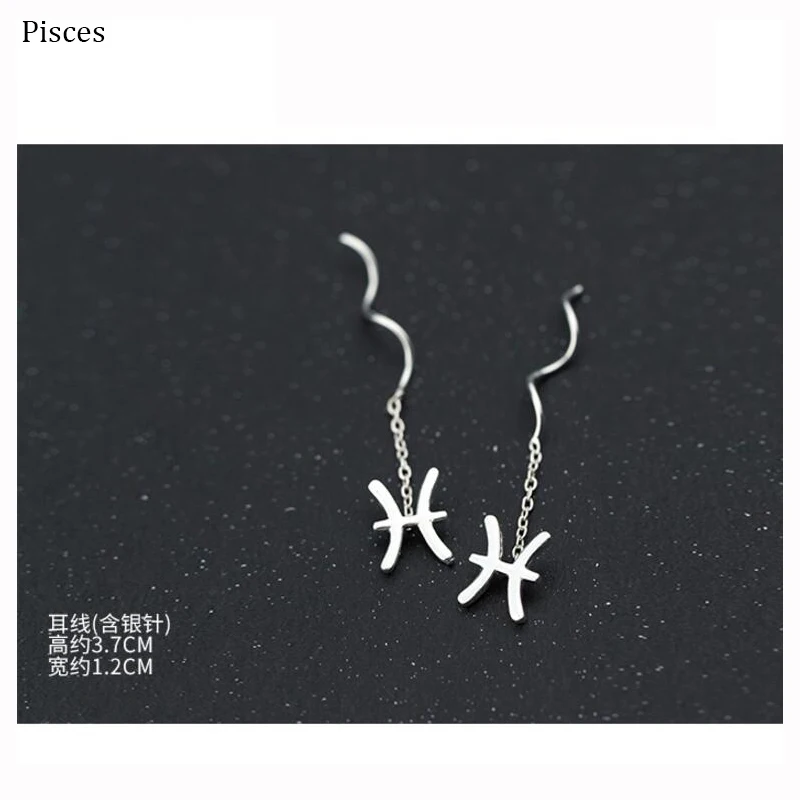 Pisces ElfoPlataSi,, 925, твердые, Настоящее серебро, серьги-гвоздики, 12 знаков зодиака, 3,7 см, звено, капля, палочка для жены, подруги, подарок XY919 - Окраска металла: Pisces