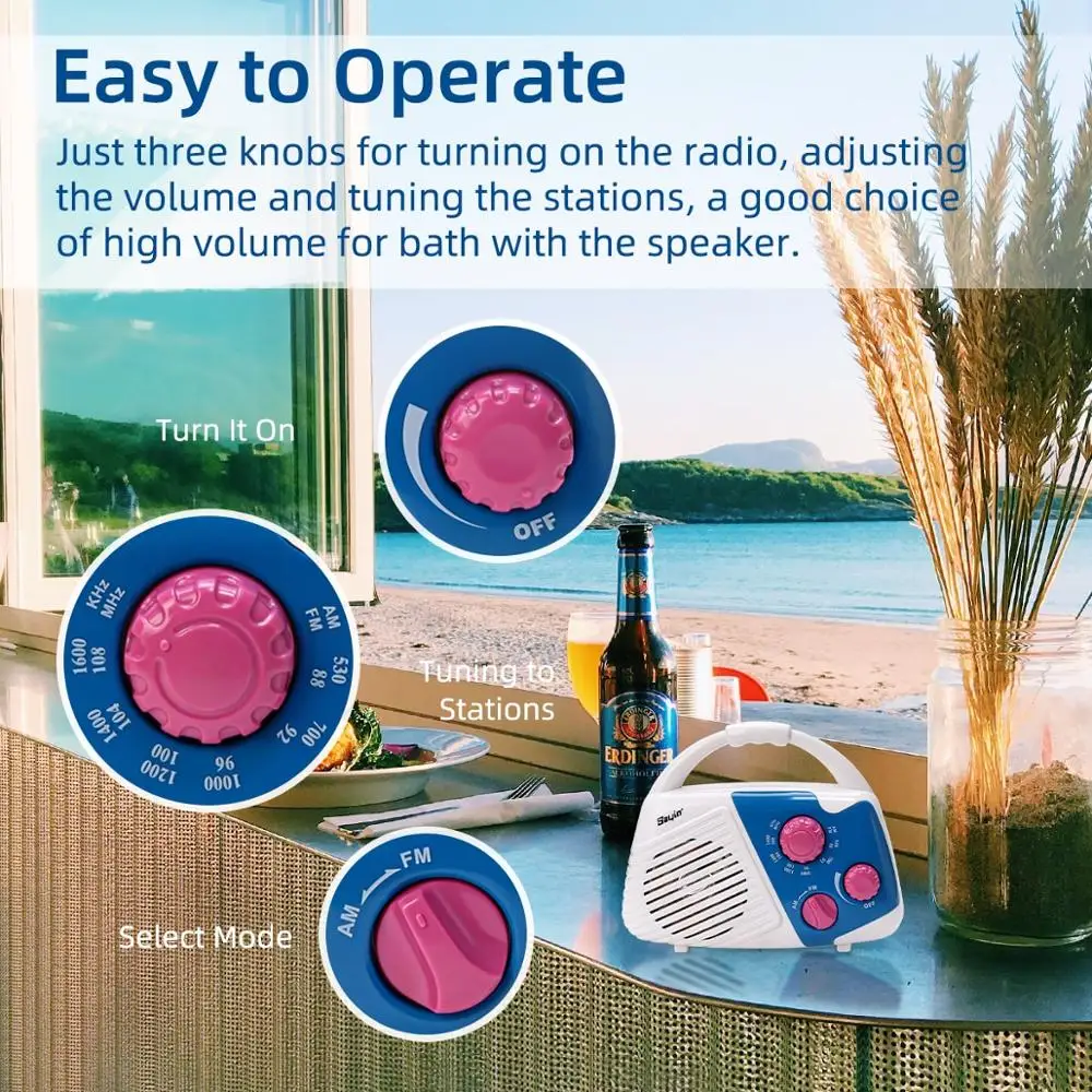 PRUNUS IPX4 водонепроницаемый портативный AM FM радио плеер с верхней ручкой динамиком