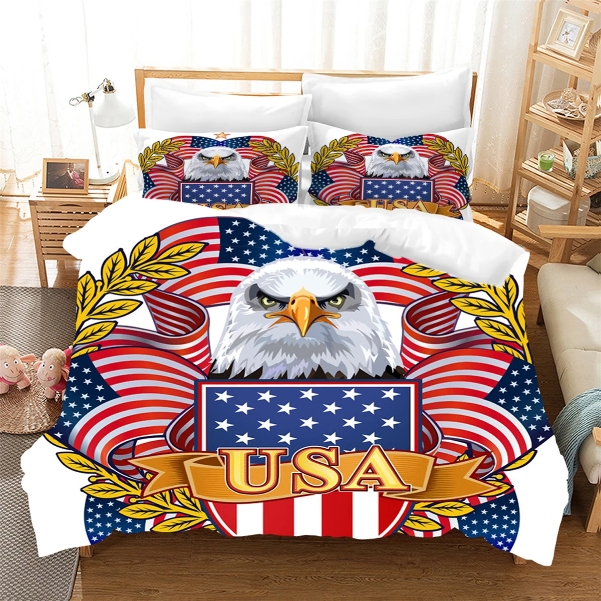 

Eagle American National Flag Bedding Set Bald Eagle Printing Duvet Cover Set Independence Day Decor Bedding Material Microfiber