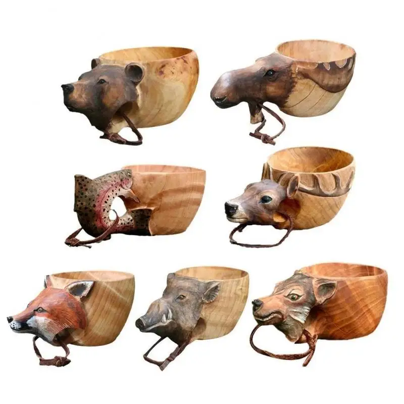 

Water Cup Wooden Novel Mug Camping Gear Coffee Cup High-Quality New Hand Carved Animal Rubber Wooden with Lanyard Easy To Store