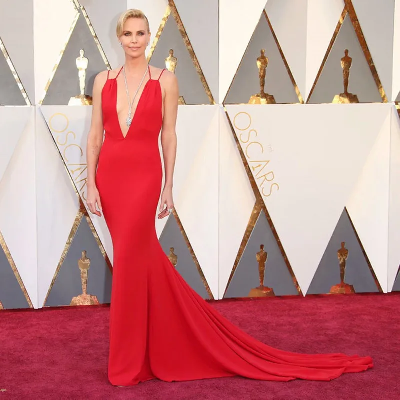 

Red Celebrity Dresses Mermaid Deep V-neck Backless Sexy Long Famous Formal Red Carpet Dresses