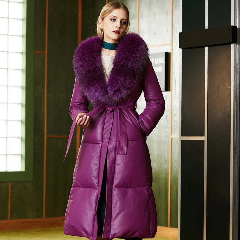 Женская зимняя куртка из натуральной кожи воротник меха енота винтажное пальто