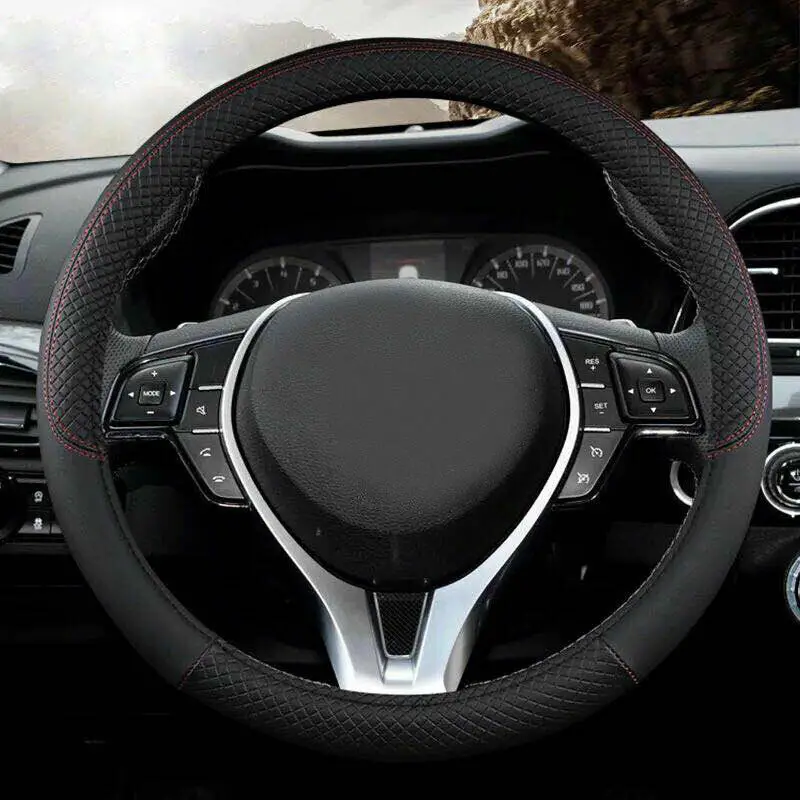 Black 38cm Car Steering Wheel Cover PU Leather Universal Anti-Slip Sport Styling