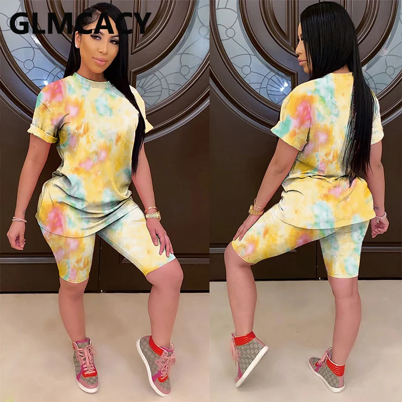 

7 Color Tie Dye Printed 2 Piece Outfits for Women O-neck Short Sleeve Top T-shirt & High Waist Bodycon Short Suits
