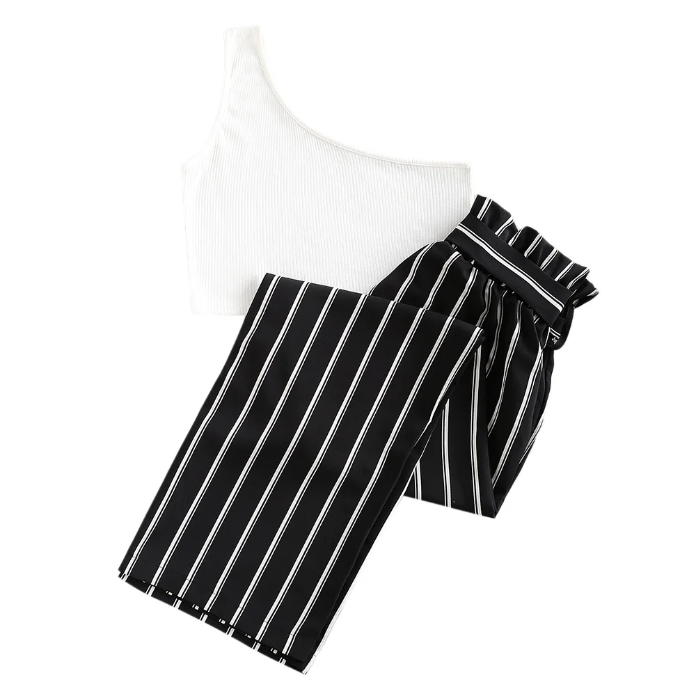 Женский костюм из двух предметов на одно плечо в полоску |