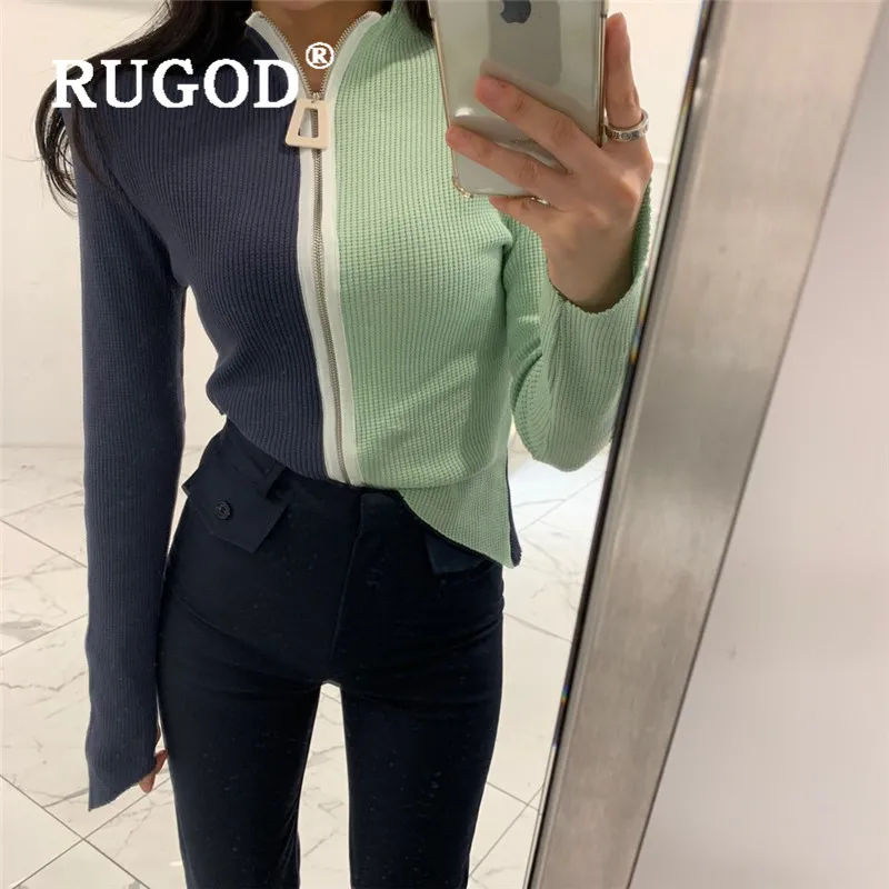 

RUGOD 2019 New Women Zipper Knitted Cardigan Irregular Contrast Color O-neck Slim Coat Korean Chic Streetwear Sexy Cool Sweater