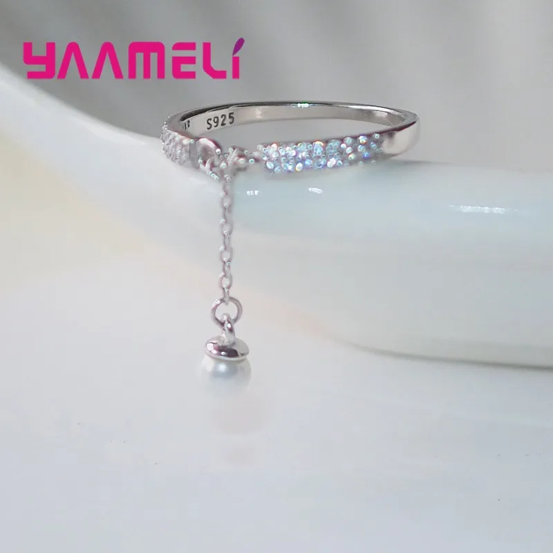 

925 Sterling Silver CZ Diamond Pearl Ring with Chain Tassel Stylish OL Jewelry Fashion Wedding Engagement Accessories Bague