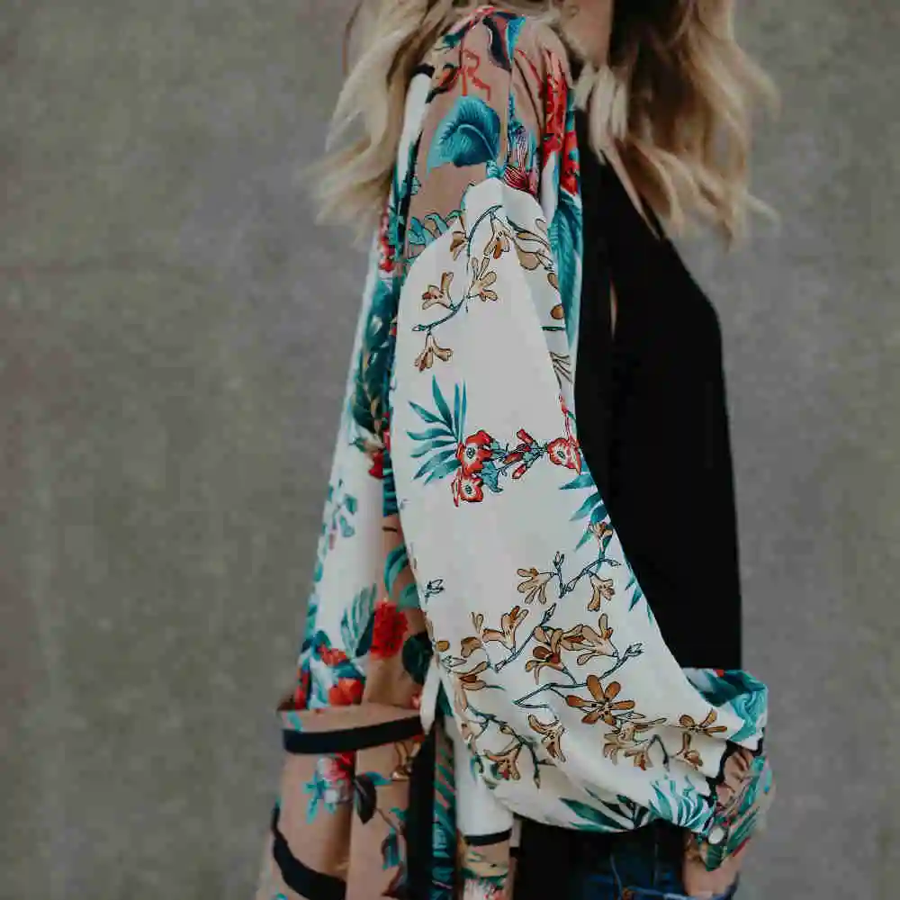 

Beachwear Long Kimono Cardigan Bohemian Printed White Cotton Tunic Plus Size Boho Women Tops and Blouse Vintage Shirts