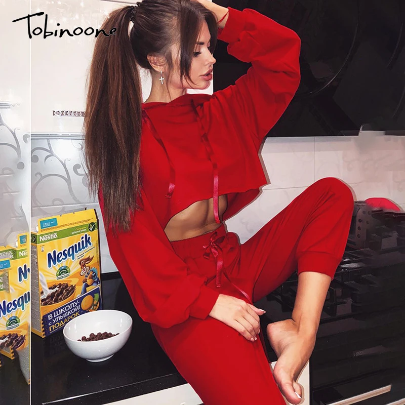 Tobinoone, новинка, Женский комплект из 2 предметов, укороченный топ, длинные штаны, на завязках, спортивные Леггинсы для фитнеса, спортивный костюм, женский комплект из двух предметов