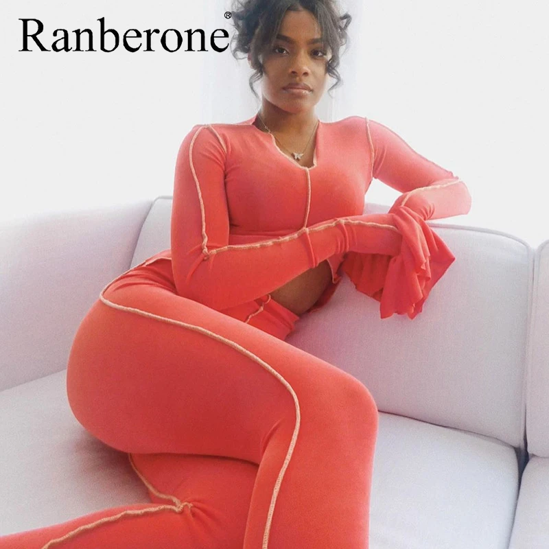 

Women Sport Suit Fashion Casual Two Piece Set Flare Long Sleeve Cropped Outfits Sporty Hot Top And Leggings Sets 2020 New