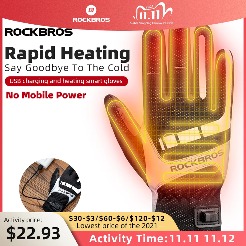 

ROCKBROS Gloves Winter USB Electric Heated Gloves Rechargeable Ski Gloves Touchscreen For Motorcycle Riding Hiking Snow Gloves