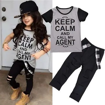 Летняя одежда с буквенным принтом для маленьких девочек футболка + рваные штаны