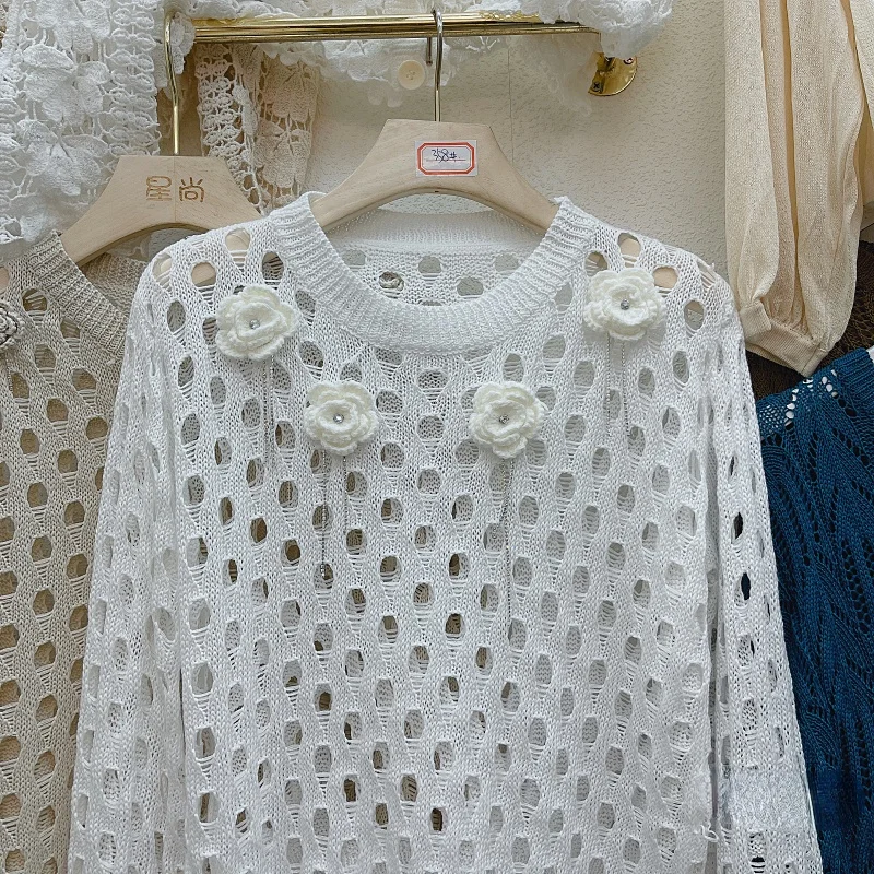 

Autumn Knitted Wear Pullovers Female Crocheted Hollow Out Round Neck Diamond-Embedded Flowral Sweater Pullover Knitted Top Women