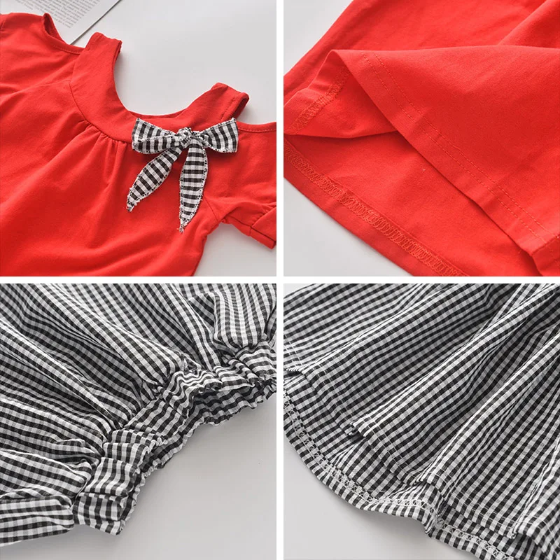 

Girls Clothes Set 2021 Casual Summer Kids Suit Bowtie Tshirt And Plaid Skirt 2pcs Outfits Short Sleeve Children Clothing 2-6Y