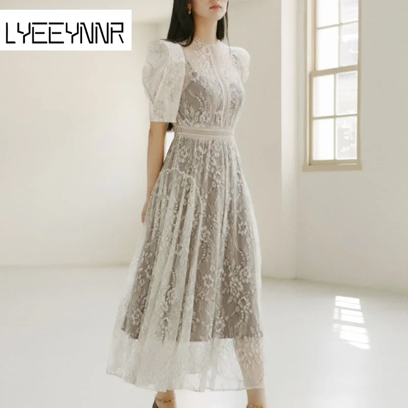 

New Lace Patchwork Party Dress Women High Waist A Line Midi Puff Sleeve Dresses O Neck Autumn Clothing Elegant Fashion Robe
