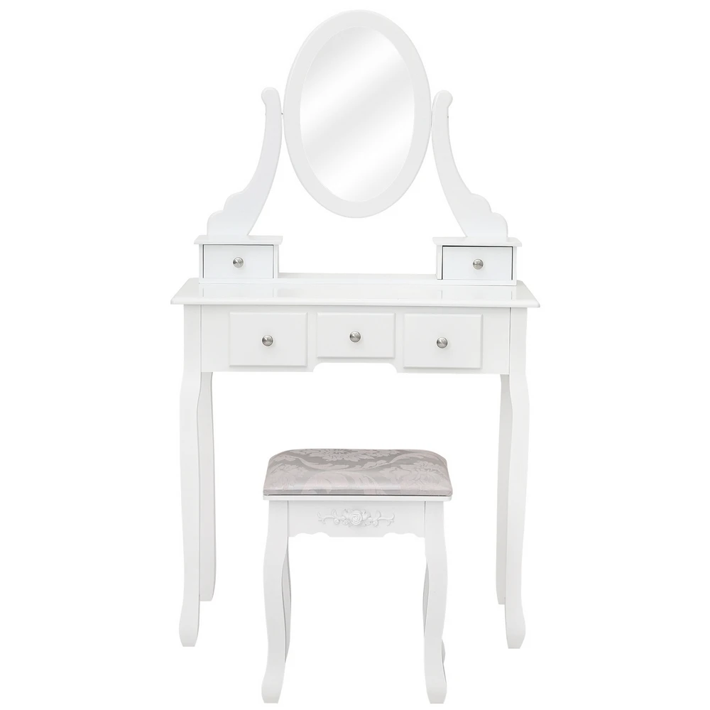 

High Quality Dresser Single Mirror Dressing Table with 3 Drawers 2 Removable Storage Cases Stool Easy Install White[US-Stock]